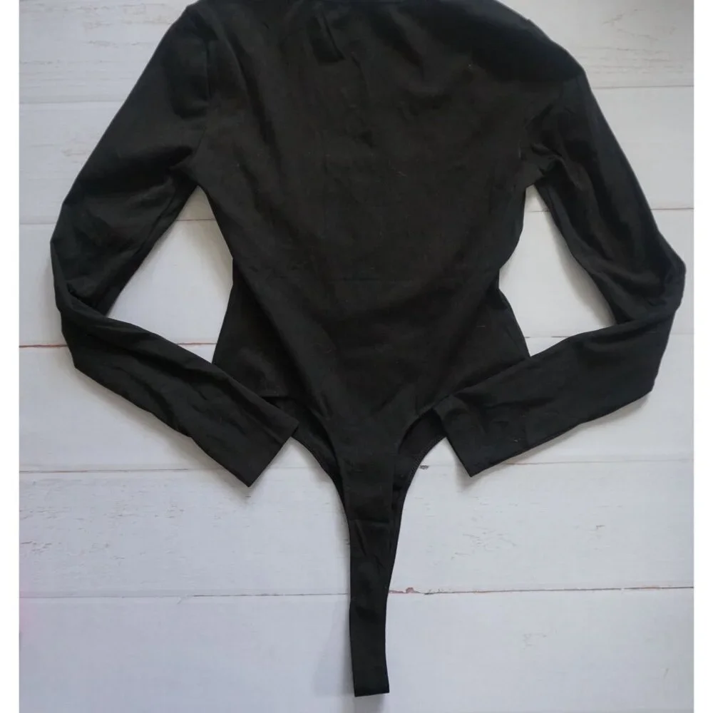 IWD Black Long Sleeve Bodysuit Square Neck Ribbed Slim Fit - Size M NWT - Picture 3 of 7